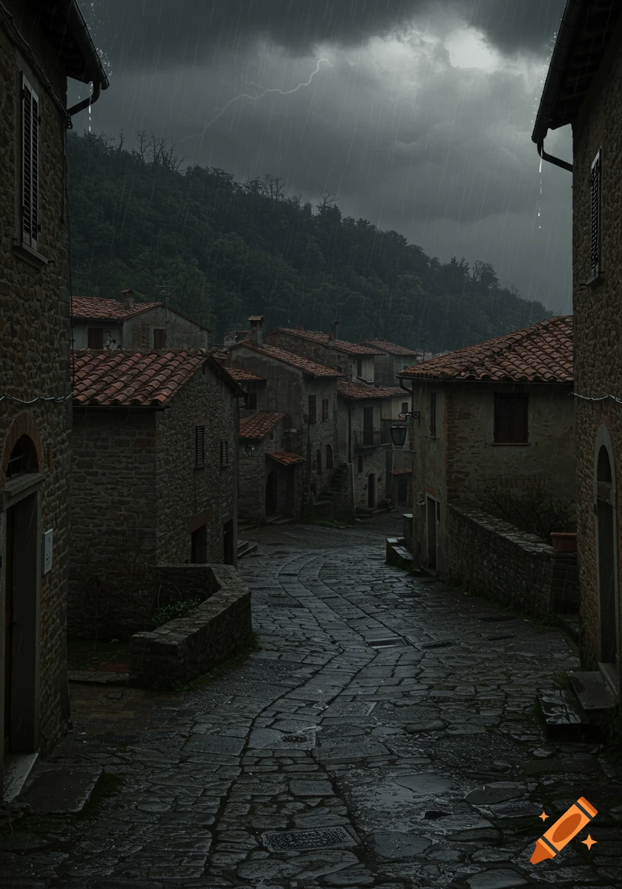 A dark and rainy cobblestone street winding through an old Italian stone village, with a dense forest and a stormy sky with lightning overhead.