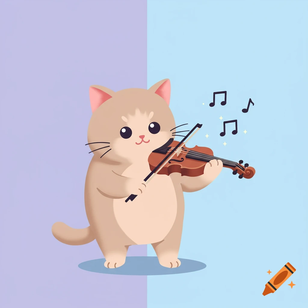 A cute flat art kitten playing a violin with musical notes floating around it on a split purple and blue background.