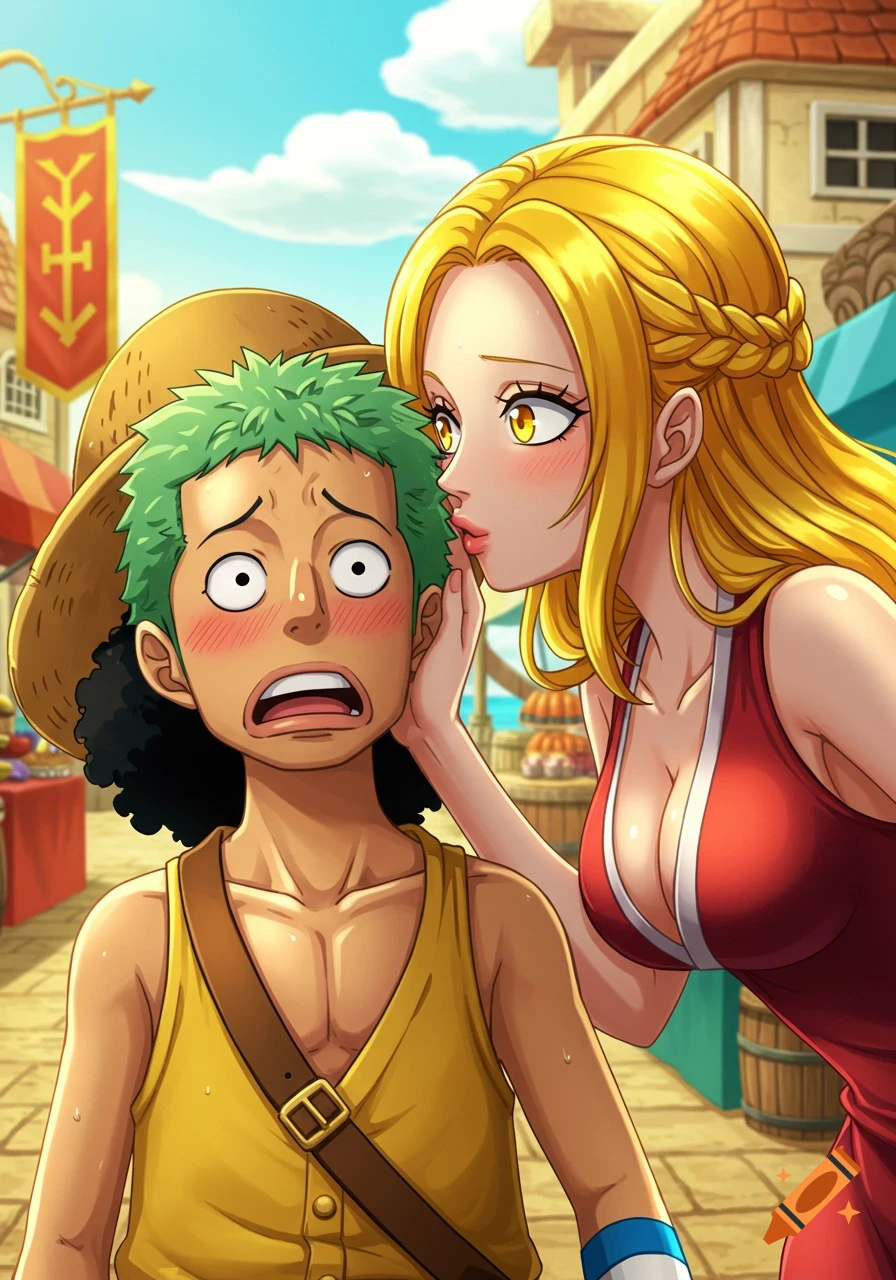 Anime image of a blushing Usopp from One Piece looking shocked as a woman with long yellow hair leans in to kiss his cheek in a market setting.