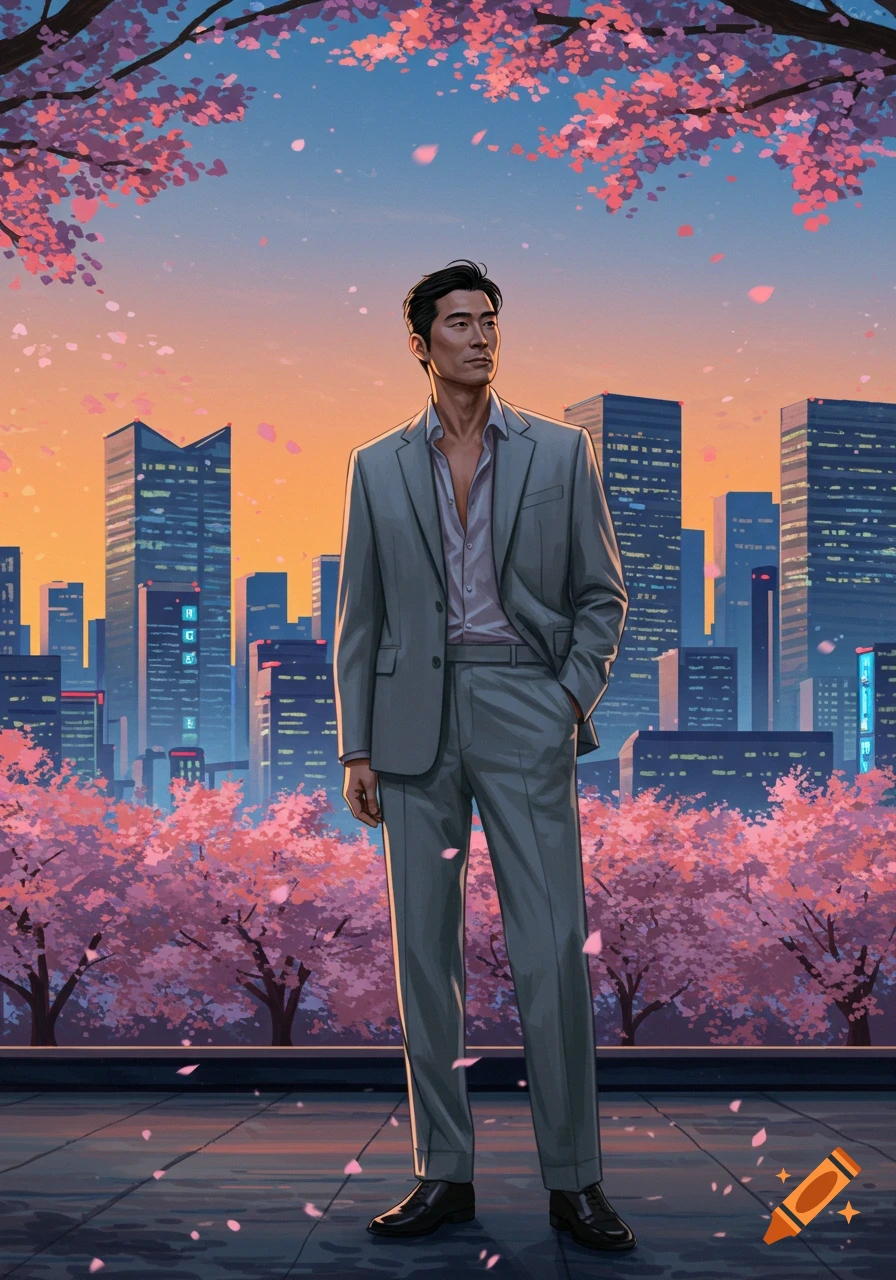 An illustrated man in a grey suit stands on a rooftop overlooking a city skyline with pink cherry blossoms at sunset.