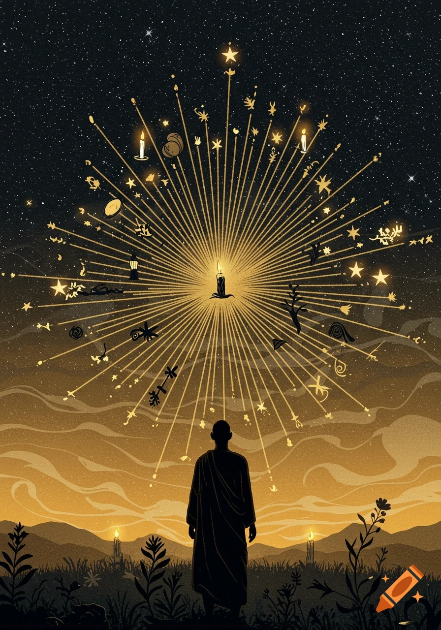 A silhouetted figure in a robe stands in a field at night, looking up at a radiant central candle emitting golden light beams and symbolic shapes into the starry sky.
