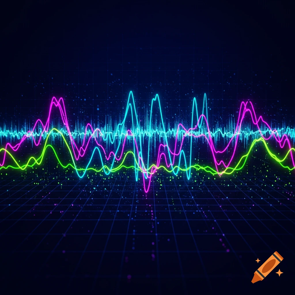 Abstract digital visualization of colorful neon sound waves and rhythmic pulses on a dark grid background.