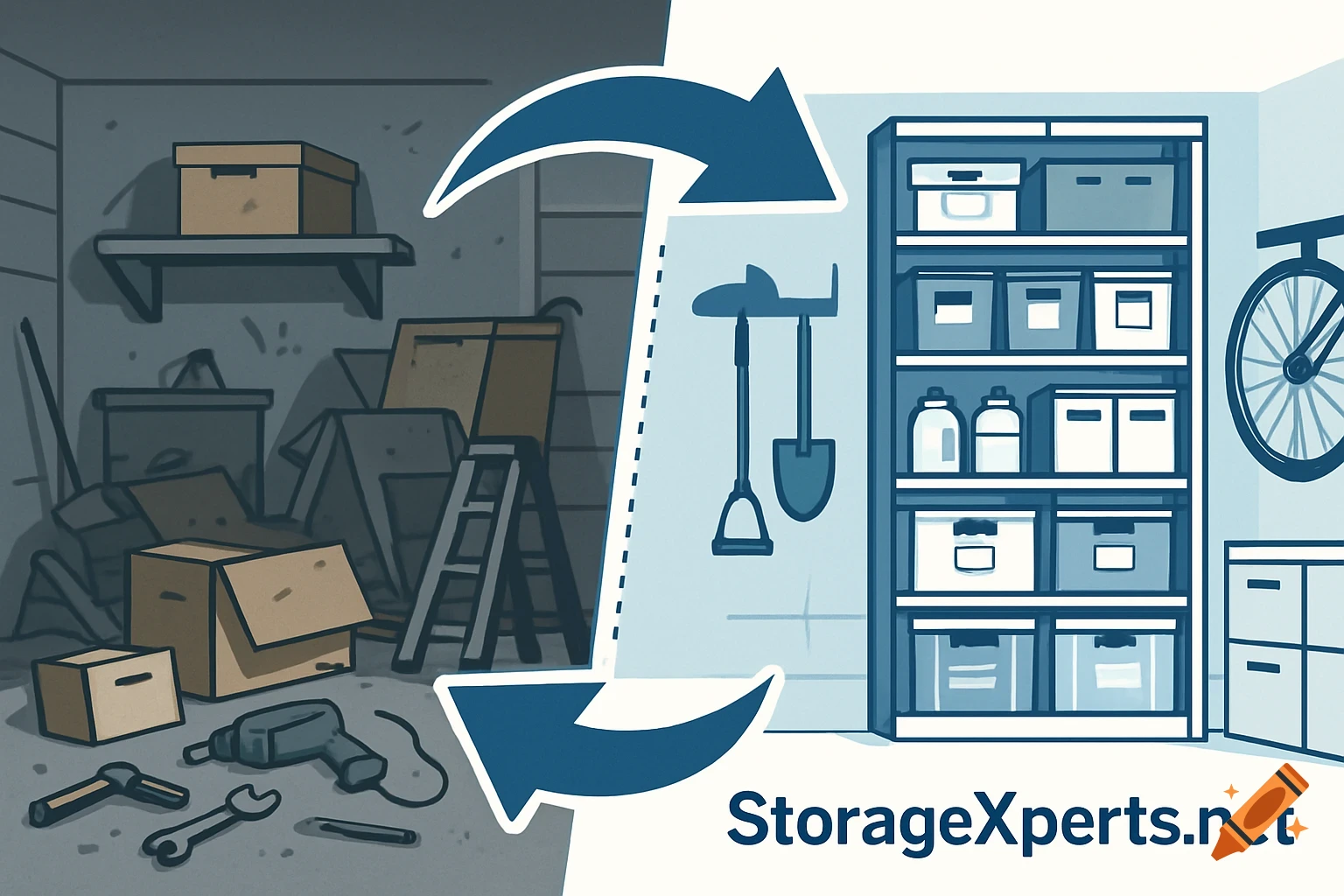 Illustration of a messy garage transforming into an organized storage unit, with 'StorageXperts.net' text.