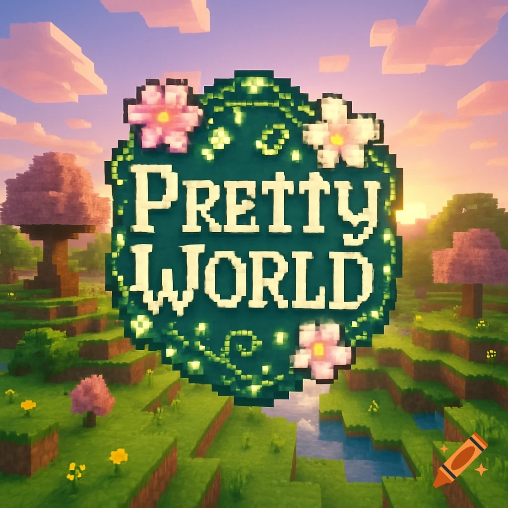 A pixelated Minecraft-style landscape with blocky trees, grass, and water under a colorful sky. A large, circular icon in the center reads "PRETTY WORLD" in a blocky font, adorned with pixelated flowers and vines.