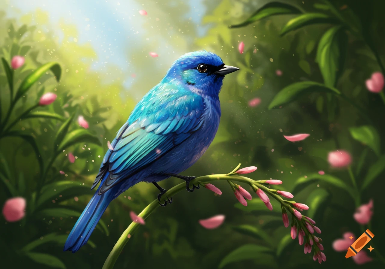 A vibrant blue bird perched on a branch with pink flowers and falling petals in a lush green environment, digital art.
