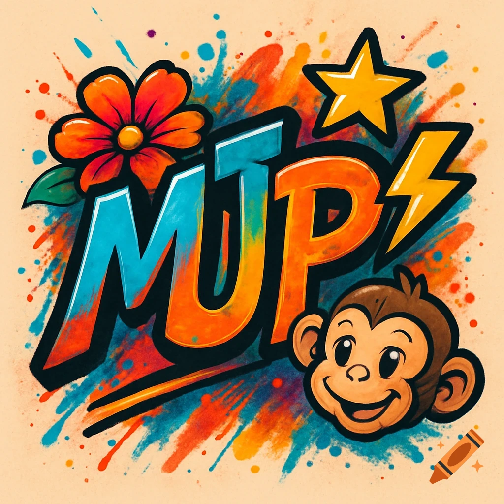 Colorful graffiti-style logo with blue 'M', orange 'JP', a red flower, yellow star, lightning bolt, and a smiling monkey face against a paint-splattered background.