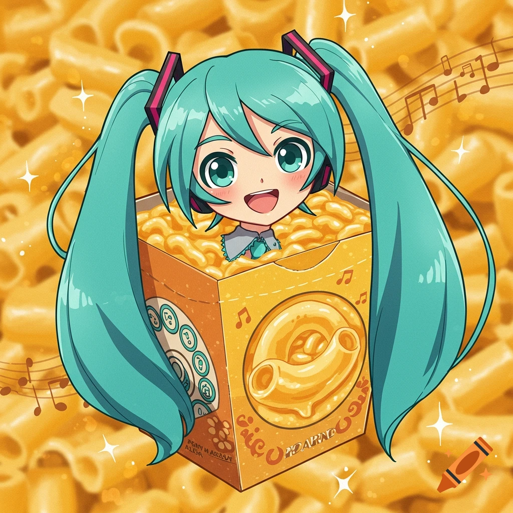 An anime girl's head with teal pigtails emerging from a box of macaroni and cheese, with musical notes around her.