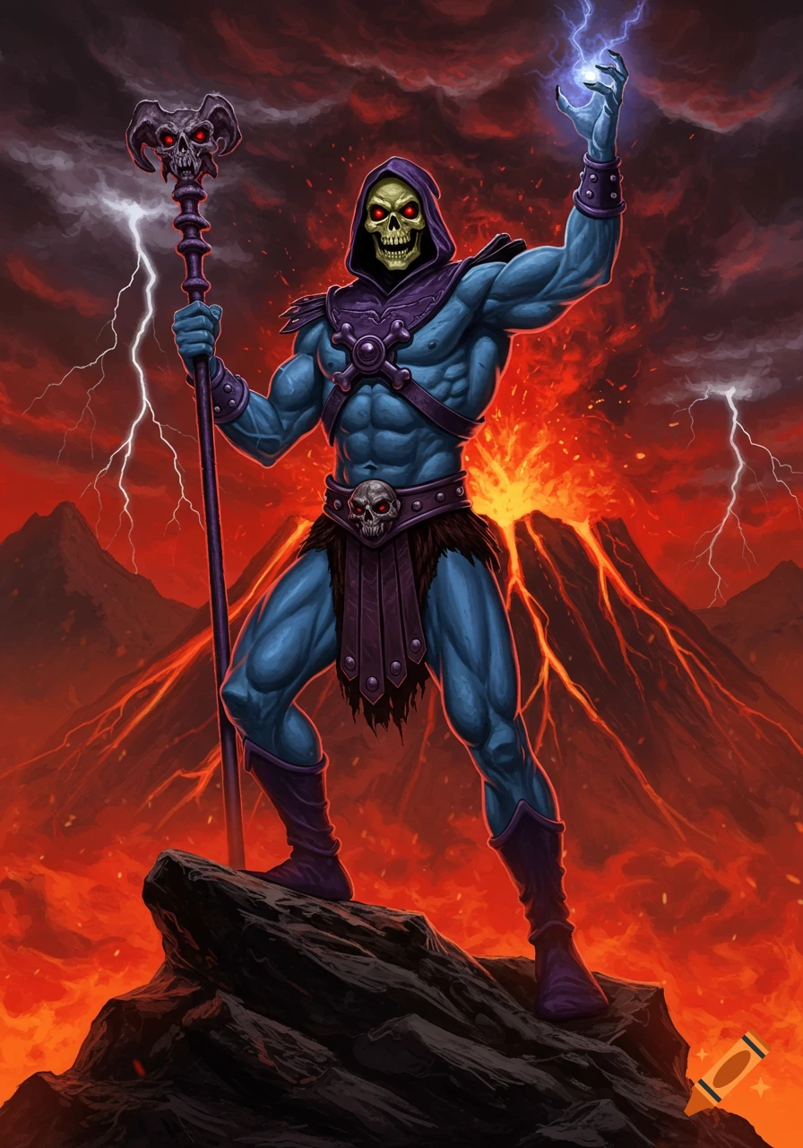 Skeletor, a muscular blue skeletal figure in a purple hood, stands on a rock, holding a staff, with a volcano erupting and lightning in the sky. Art style.