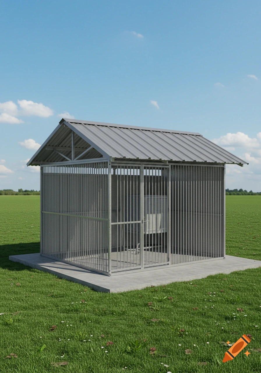 A 5x10 foot dog kennel with a metal A-frame roof and concrete floor sits in a green grassy field under a blue sky.