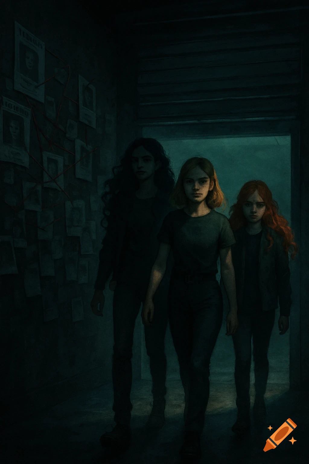 Three girls, a blonde, a redhead, and a dark-haired girl, walk through a dimly lit, mysterious room with a conspiracy board on the wall.