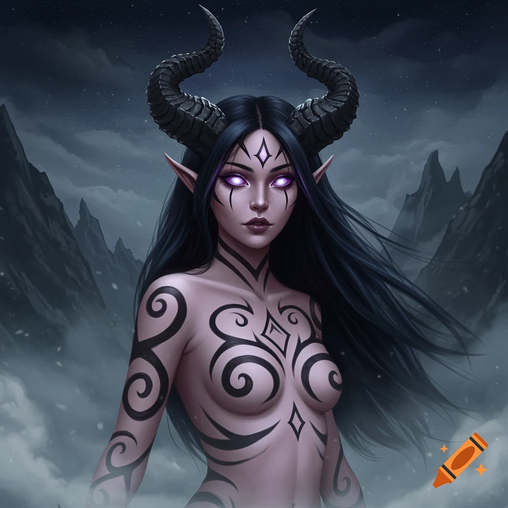 A dark fantasy portrait of a demon girl with black horns, glowing purple eyes, and tribal tattoos on her bare chest, against a cloudy mountain night sky.