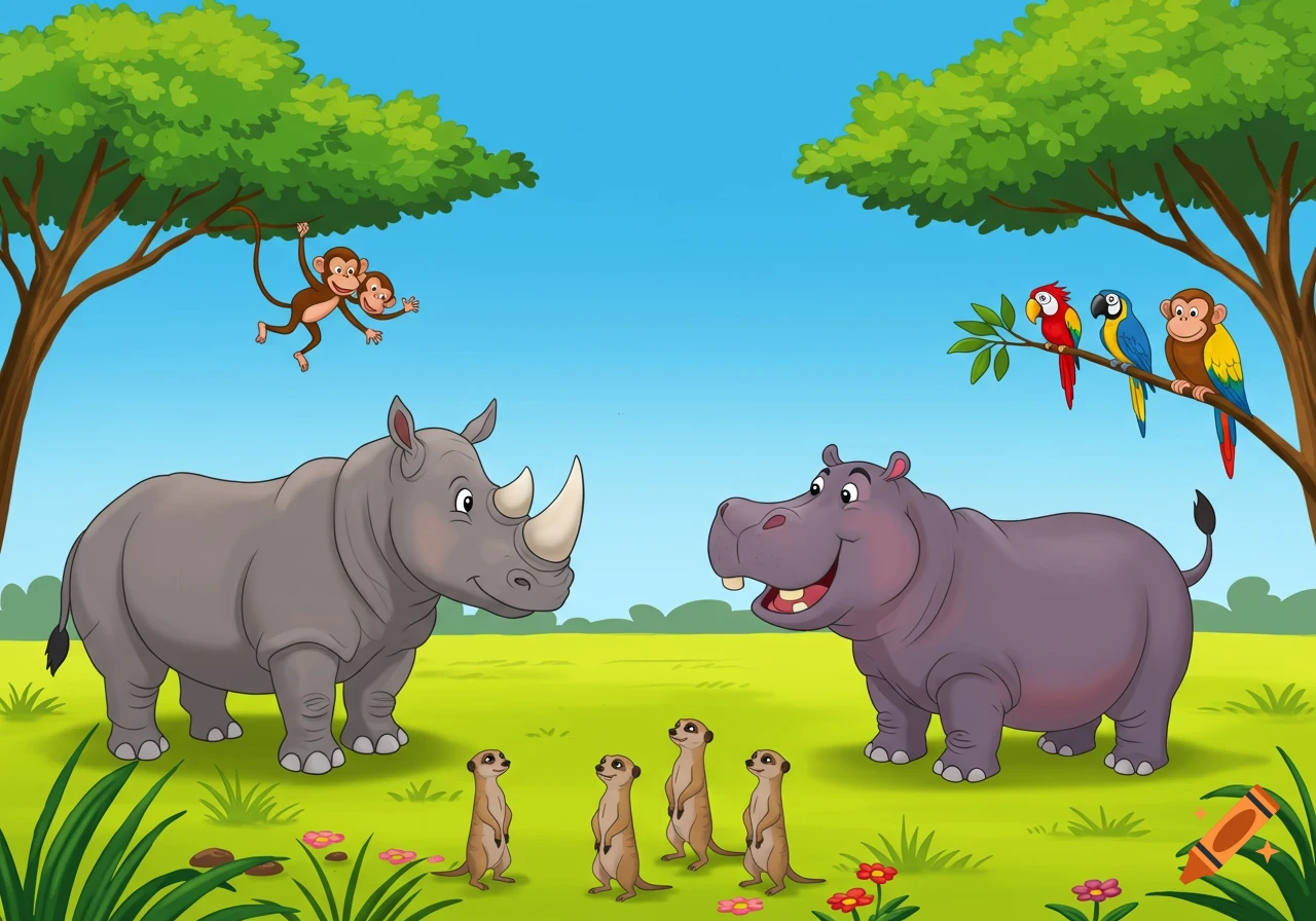 A colorful cartoon of a rhinoceros and a hippopotamus talking, watched by monkeys, parrots, and meerkats in a vibrant savanna.