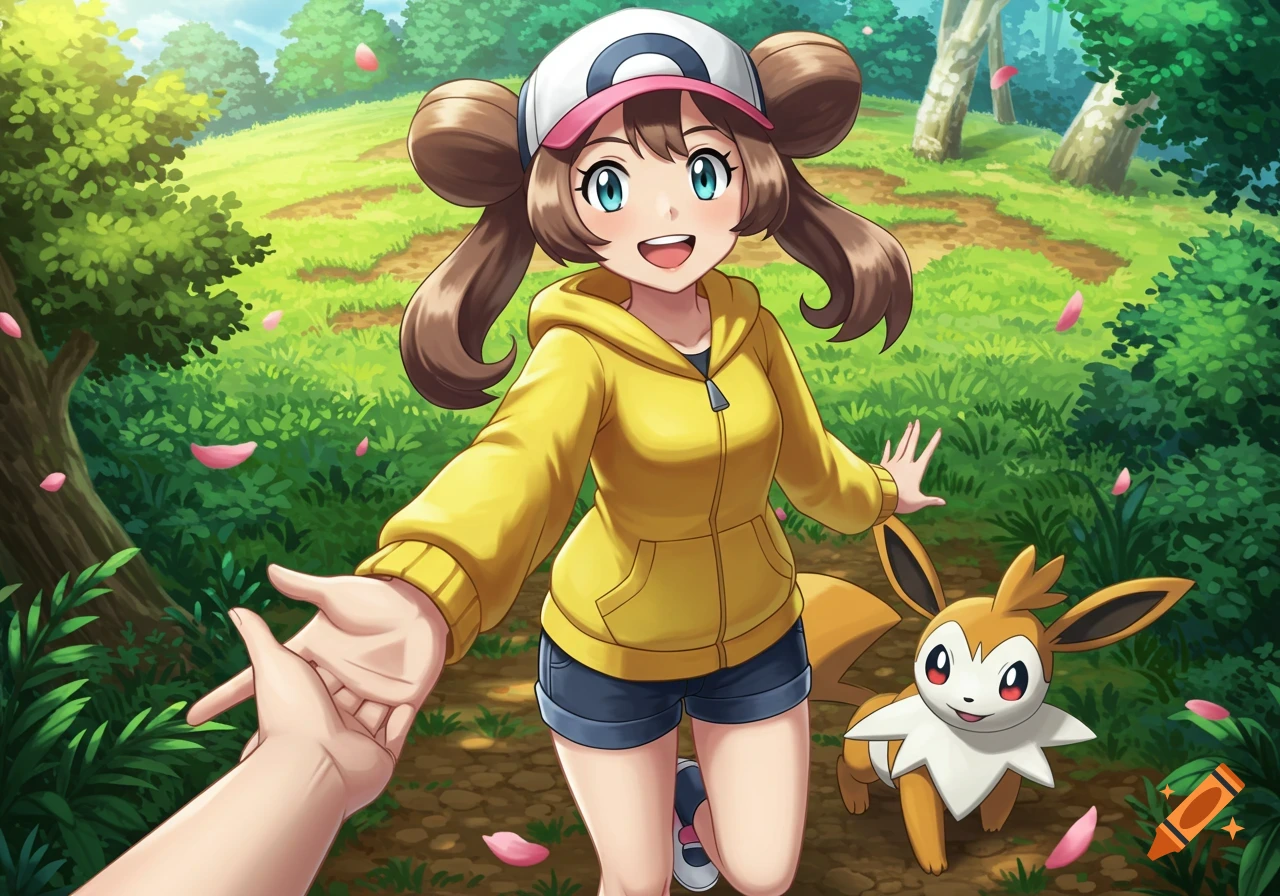 Anime girl resembling Pokemon trainer Rosa and an Eevee-like creature walking on a forest path, reaching a hand towards the viewer.