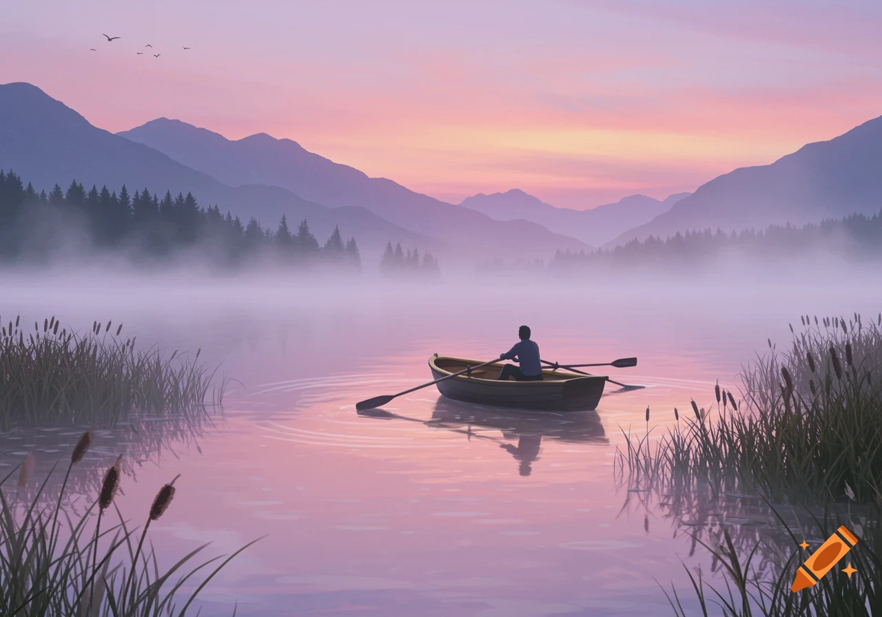 A person rows a small boat across a misty lake at sunset, with purple mountains in the background.