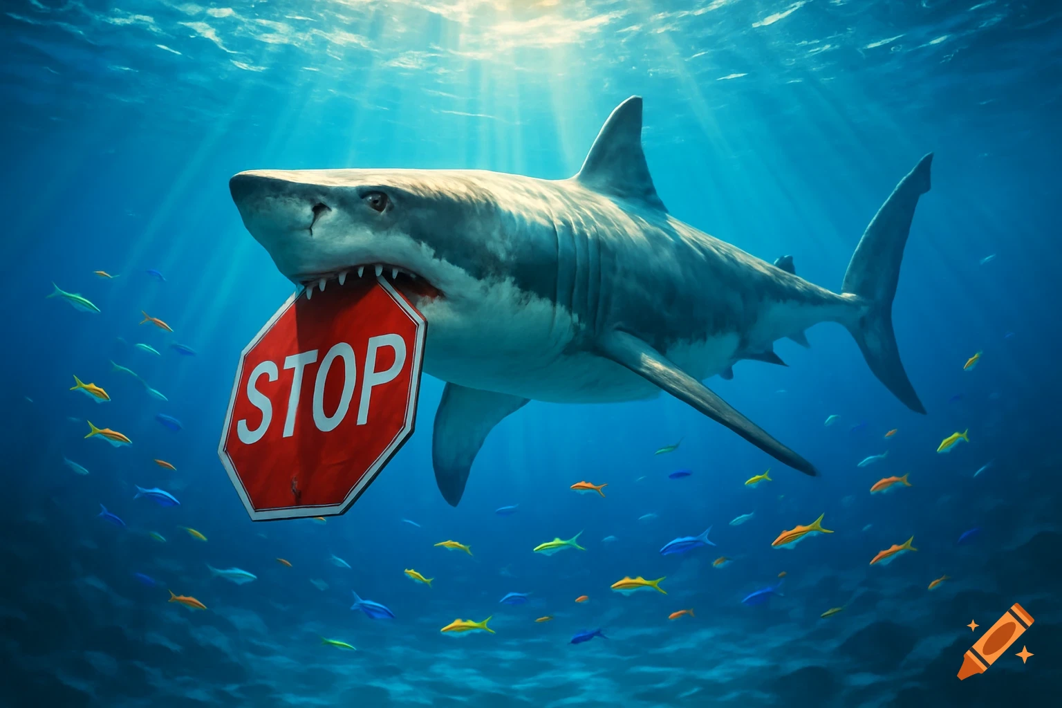 A photorealistic shark holds a red STOP sign in its mouth underwater, surrounded by fish and sun rays.