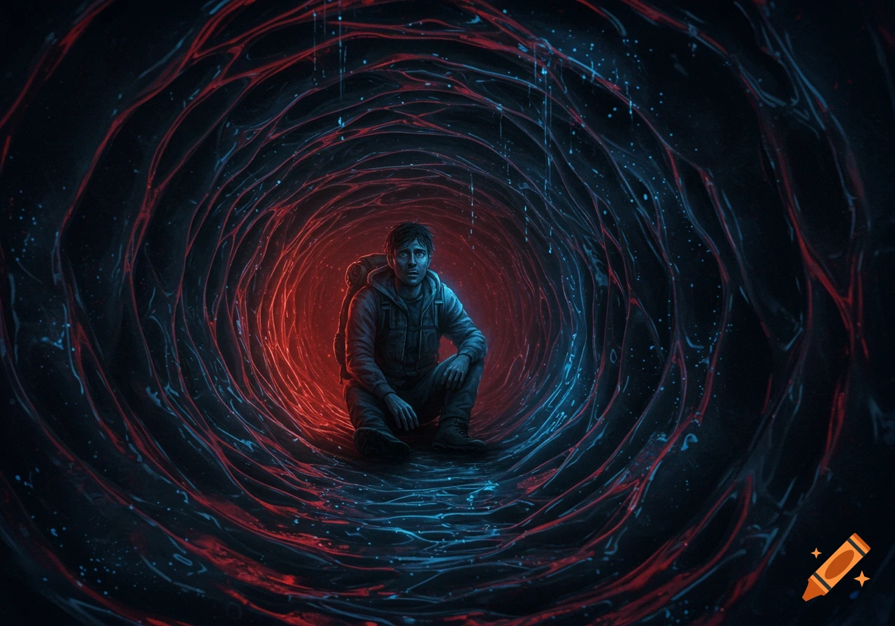 A lone hiker sits in a dark, organic cavern tunnel with red and blue glowing veins.