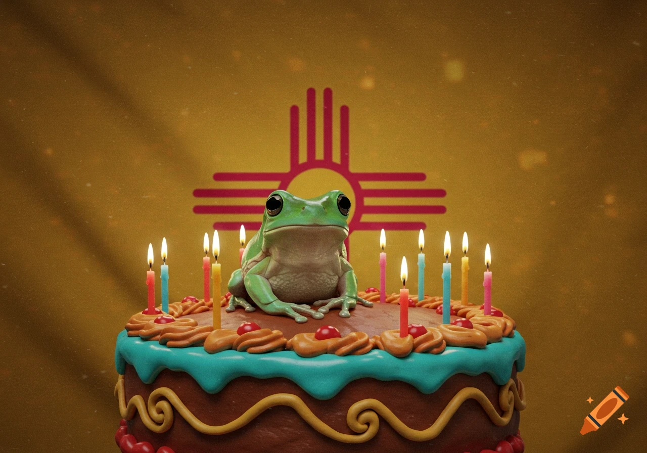 A photorealistic green frog sits on a birthday cake with lit candles, set against the New Mexico state flag.