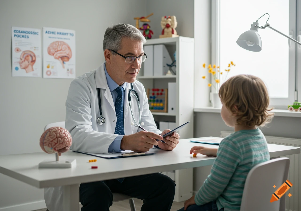 A male doctor in a white coat consults with a young child in an office, with medical charts on the wall.