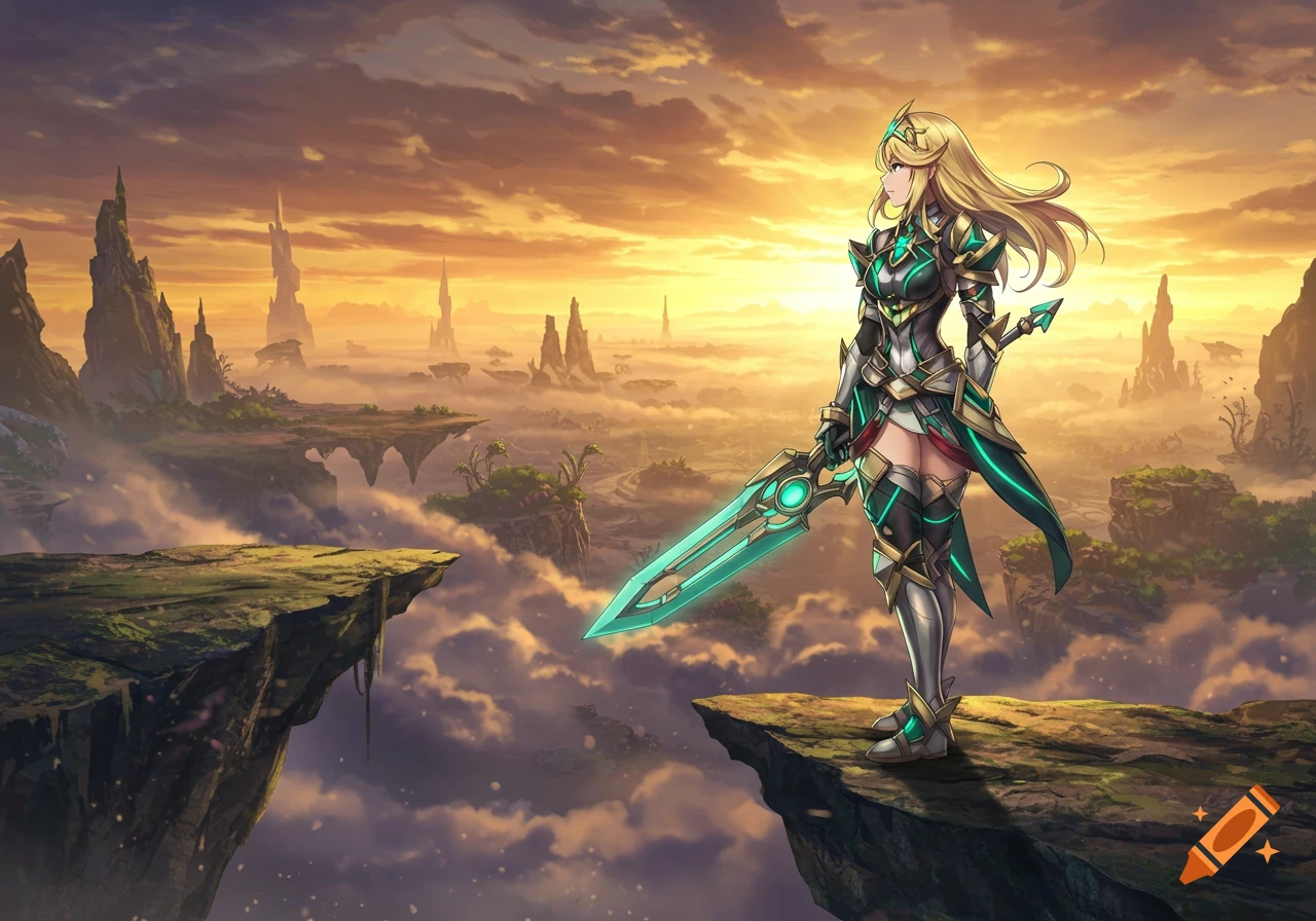 An anime warrior, Mythra, in green armor with a glowing sword, stands on a cliff overlooking a fantasy world at sunset.