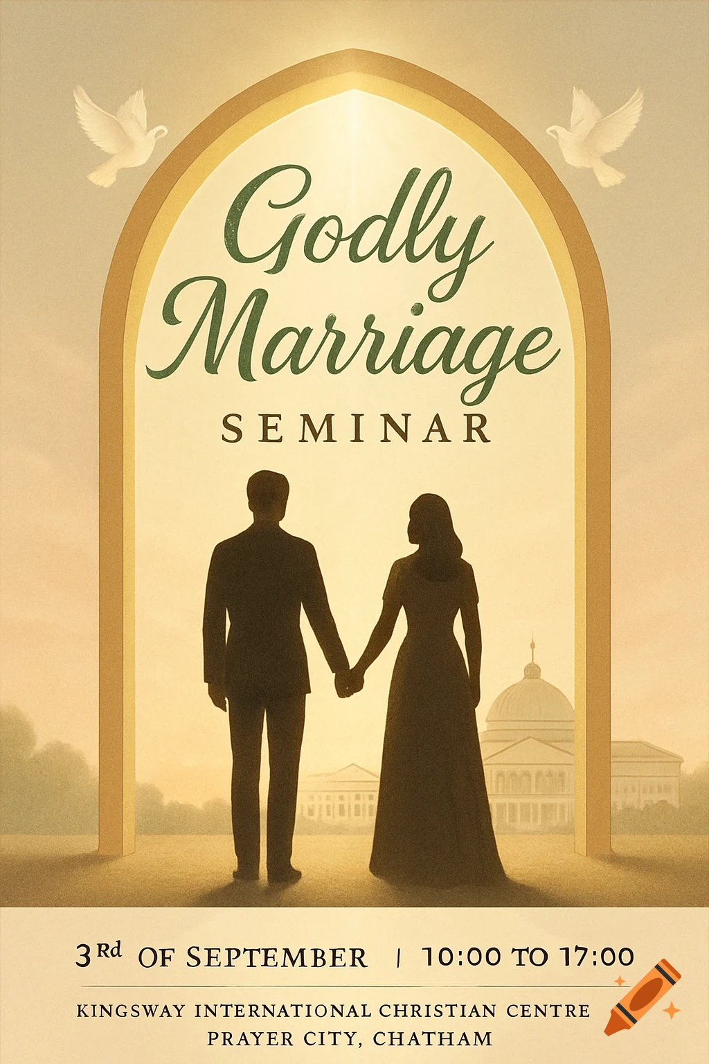 A vintage-style seminar flyer titled "Godly Marriage Seminar" featuring silhouettes of a man and woman holding hands within an archway, with two doves flying above. Details for September 3rd are at the bottom.