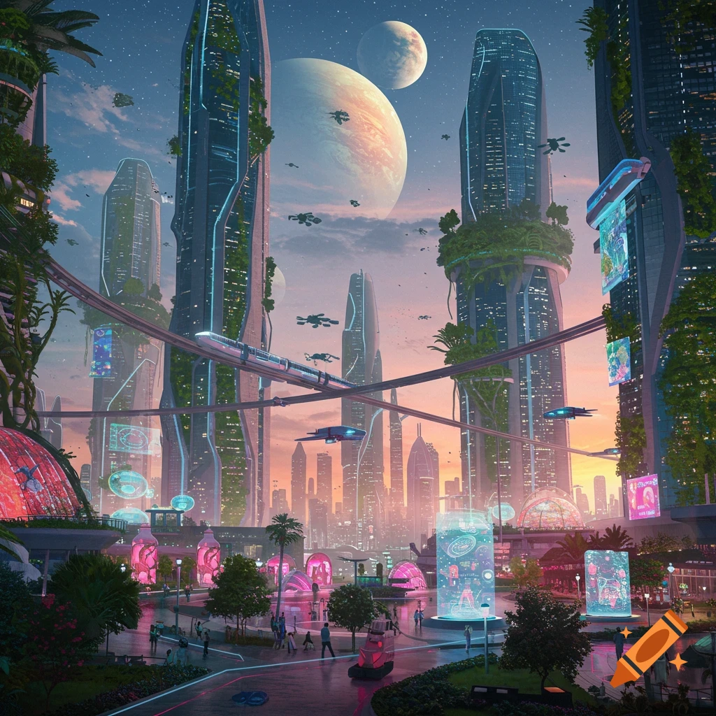 A vibrant, futuristic city at dusk with towering green skyscrapers, elevated trains, flying vehicles, and large planets in the sky.
