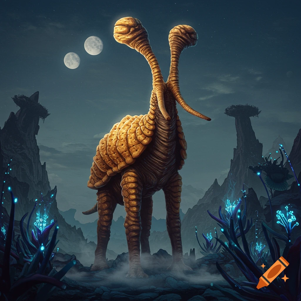 A large bipedal alien creature with two long necks and a cracker-like body stands in a misty alien landscape under two moons, surrounded by glowing plants.