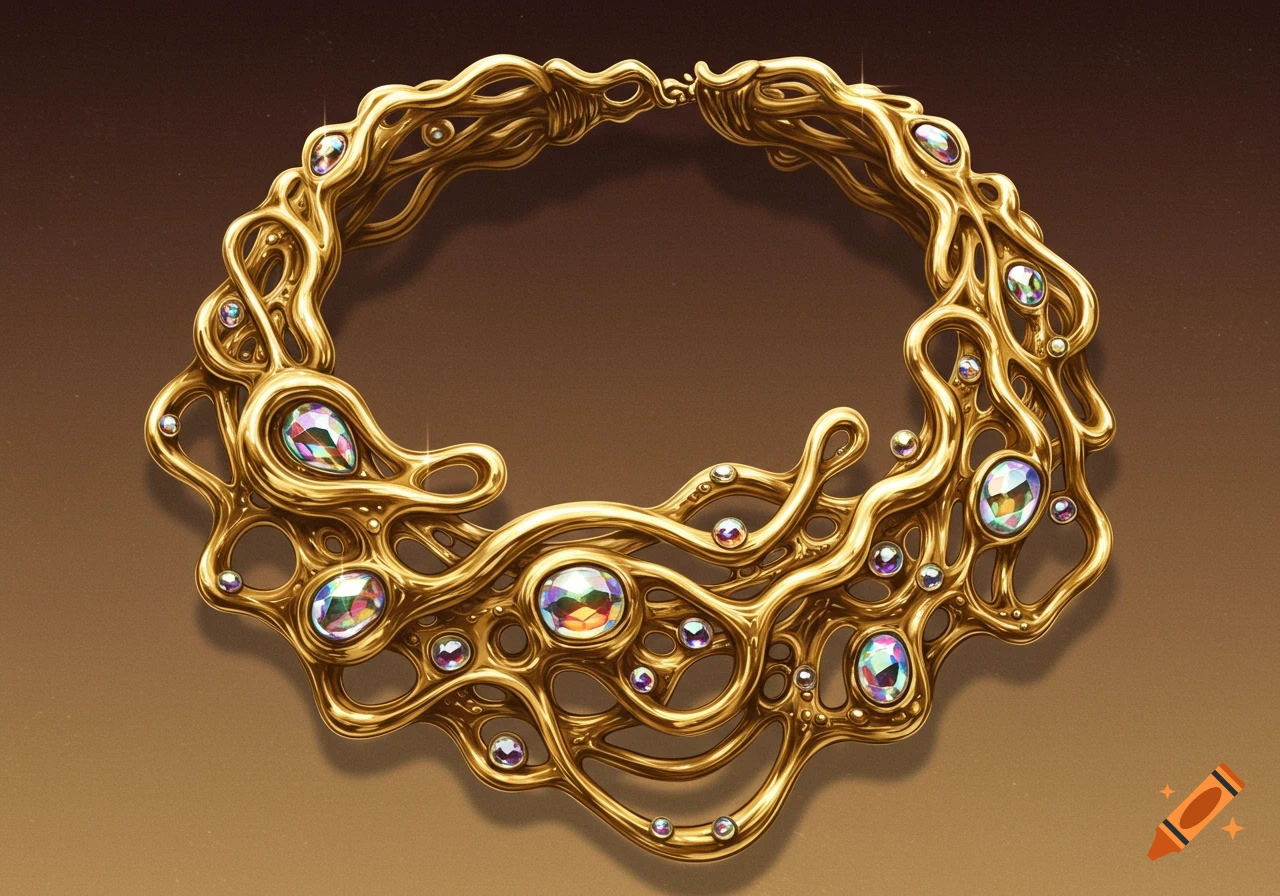 Intricate gold necklace with wavy, organic design adorned with iridescent, faceted gemstones against a brown background.