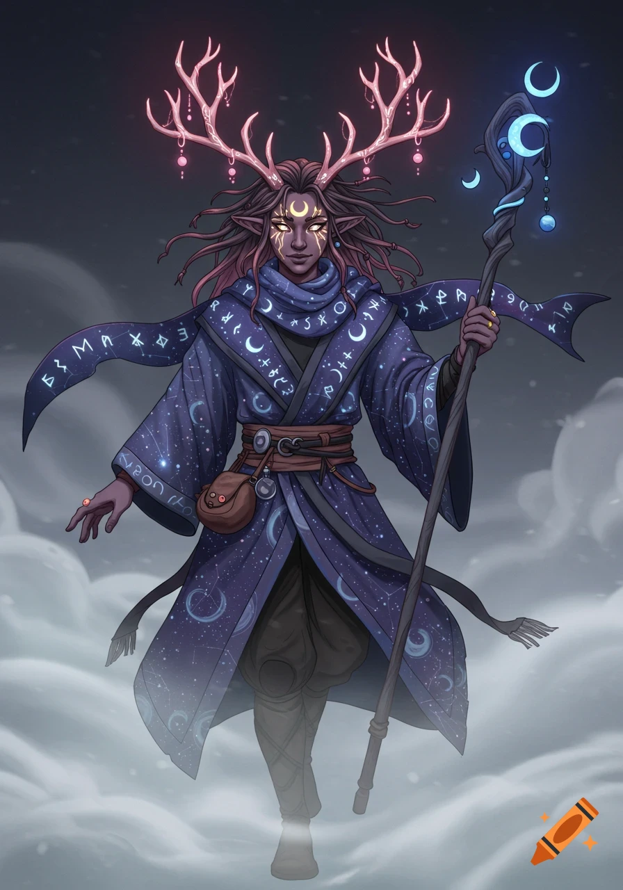 A fantasy character with glowing antlers and markings, wearing a space-themed robe and scarf, holding a moon-topped staff, standing in mist. Digital art.