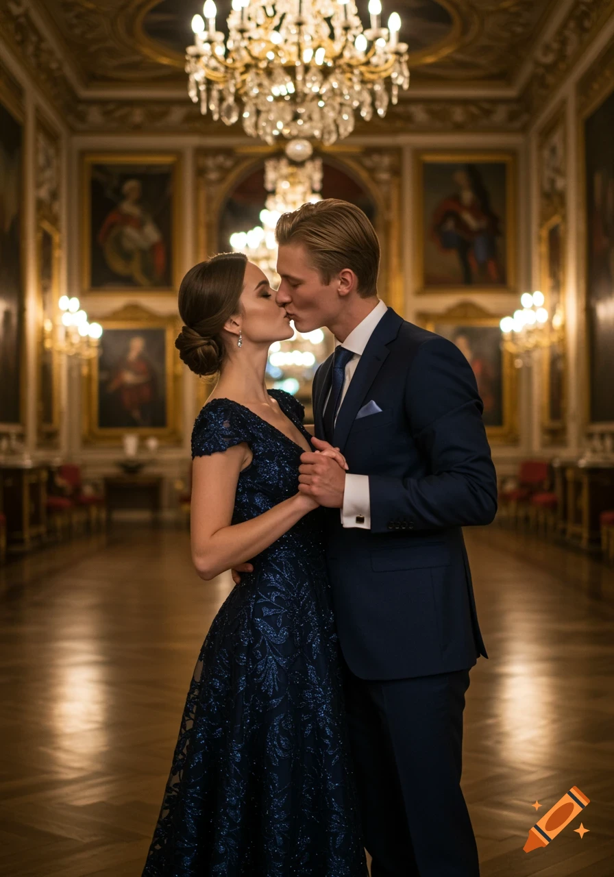 A man in a suit and a woman in a blue gown kiss in a grand ballroom with chandeliers.