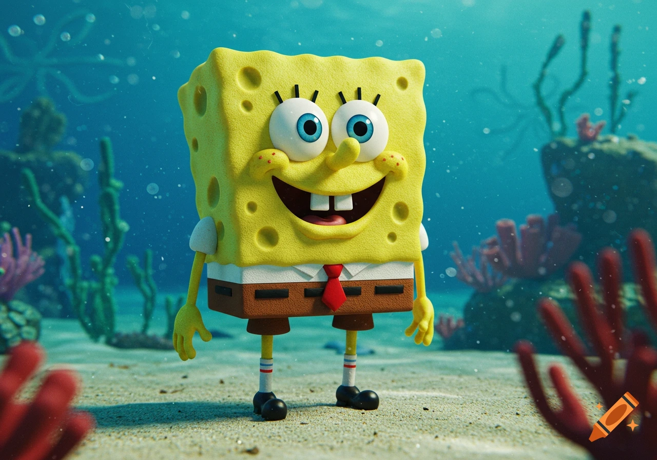 A realistic 3D render of Spongebob Squarepants standing on the sandy ocean floor with coral and rocks.
