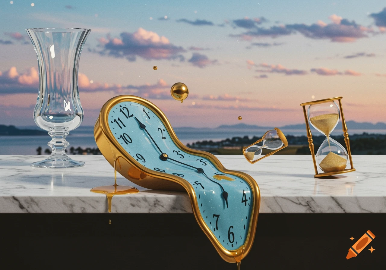 A surreal scene with a melting gold clock and an hourglass on a marble table under a sunset sky.
