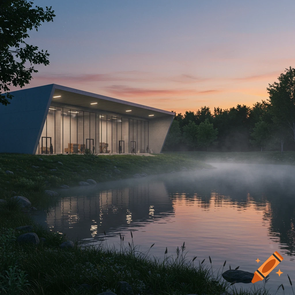 A photorealistic modern building with a slanted roof and glass facade stands by a misty lake at sunset, surrounded by trees.