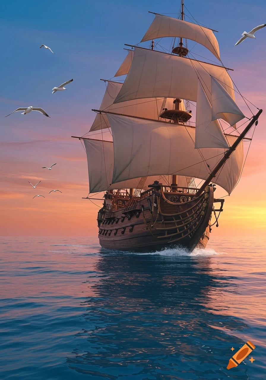 A photorealistic image of a large sailing ship with white sails on a calm ocean at sunset, with seagulls flying above.