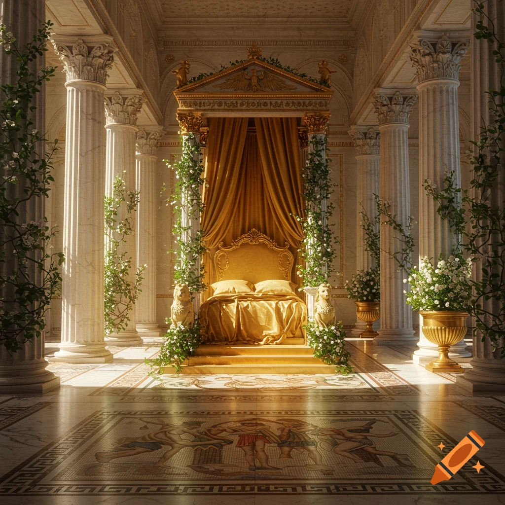 A grand ancient Greek-style room with marble columns, a mosaic floor, and a luxurious golden bed resembling a throne.