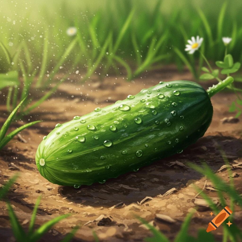 A green cucumber covered in water droplets lies on brown soil, with green grass and white flowers in the background, under dappled sunlight.