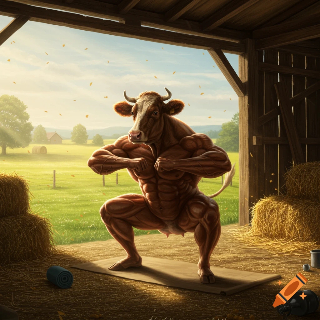 A muscular, anthropomorphic cow performs a deep squat on a yoga mat inside a rustic barn, overlooking a green farm field.