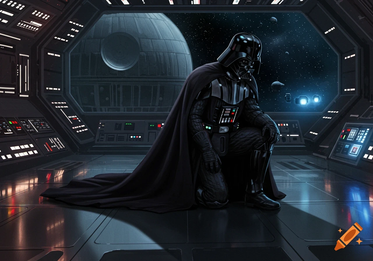 Darth Vader kneels in the cockpit of a spaceship, looking out at the Death Star and stars in space.