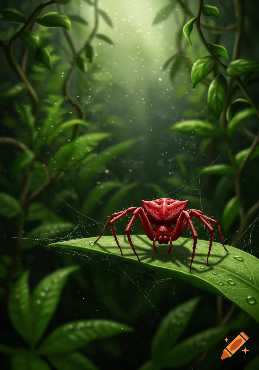 A vibrant red spider with a unique, flattened body rests on a large green leaf in a lush, misty jungle, illuminated by sunbeams.