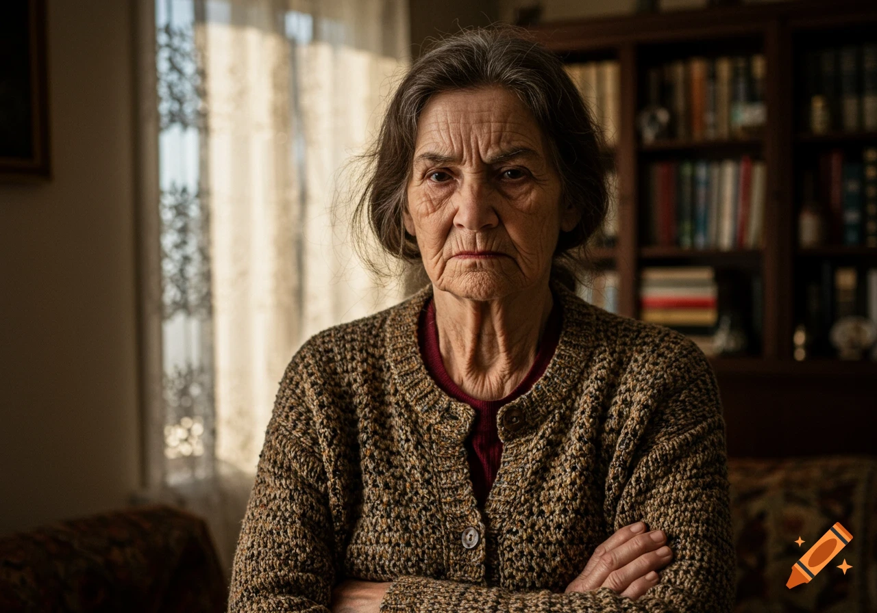 Photorealistic portrait of an old woman with brown hair, a frowning face, and arms crossed, standing indoors with a window and bookshelf in the background.