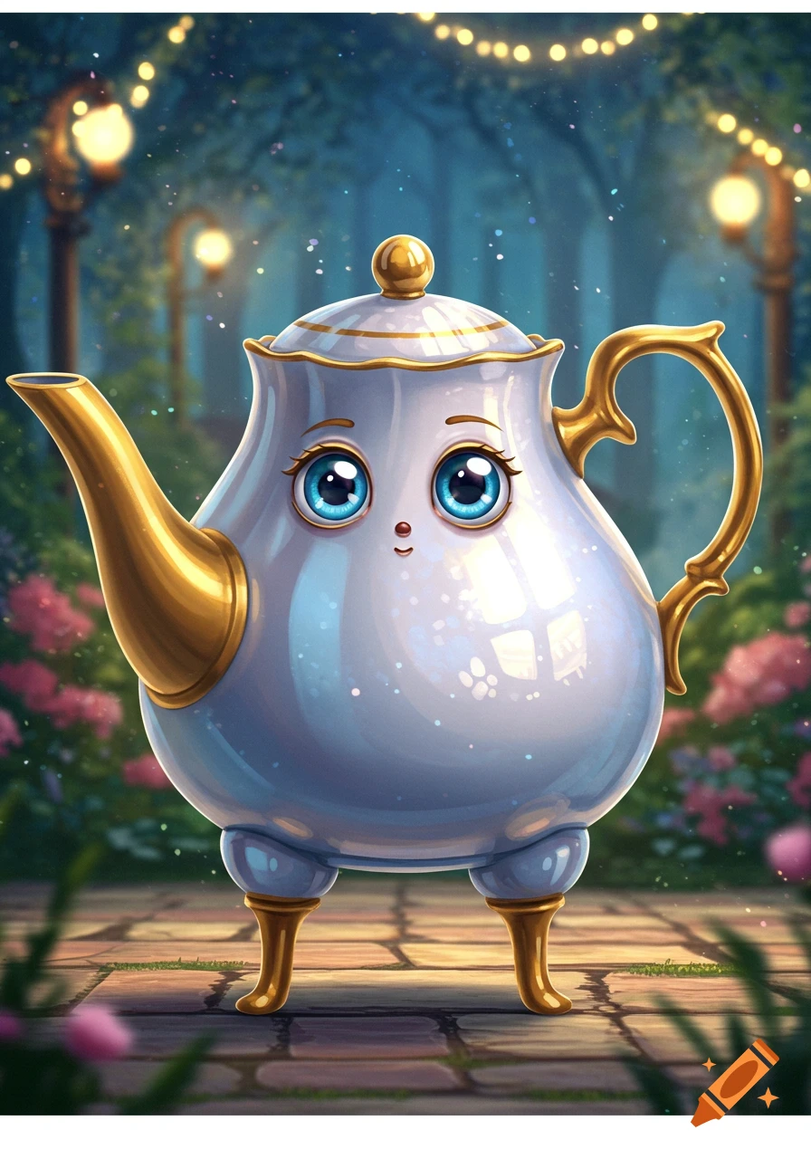 A cute, white and gold anthropomorphic teapot with big blue eyes and small legs stands on a paved path in a magical garden with string lights.