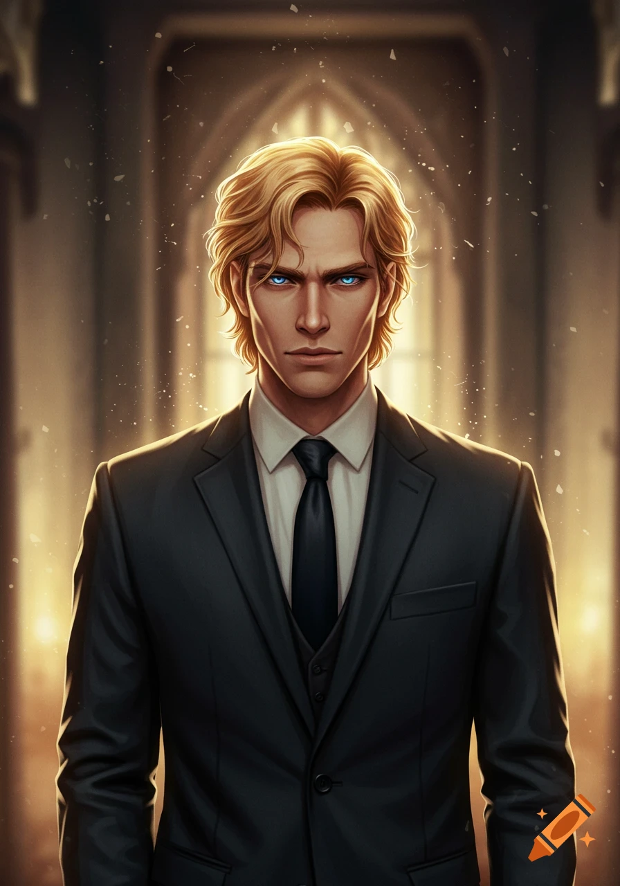 A stern blonde man with glowing blue eyes in a black suit stands in a warmly lit hall.