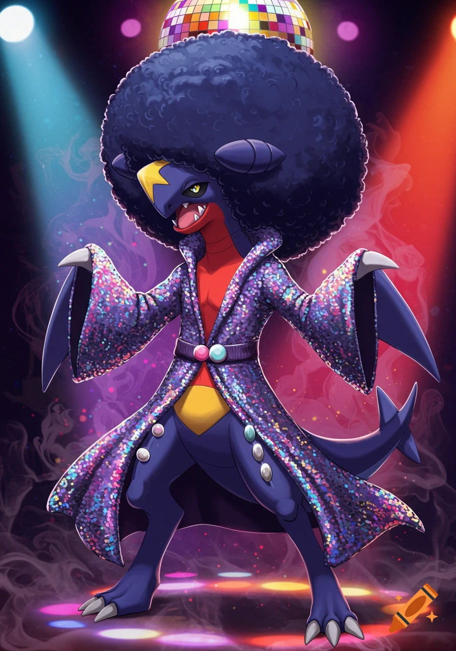 A Garchomp Pokemon with a dark blue afro and a shimmering purple disco robe dances on a colorful lighted floor under a disco ball.