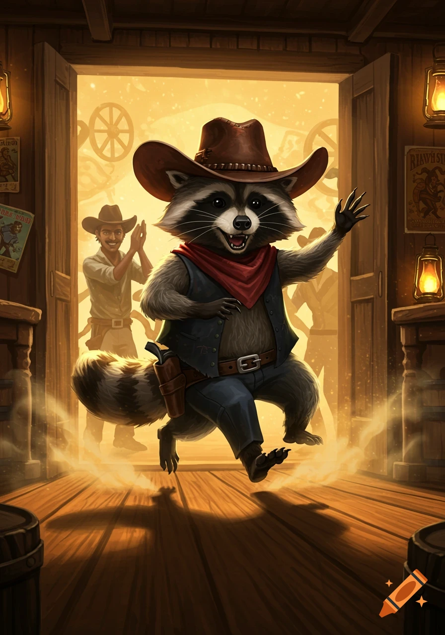 A happy cartoon raccoon in a cowboy hat and vest dances excitedly in a Western saloon, with a man clapping in the background.
