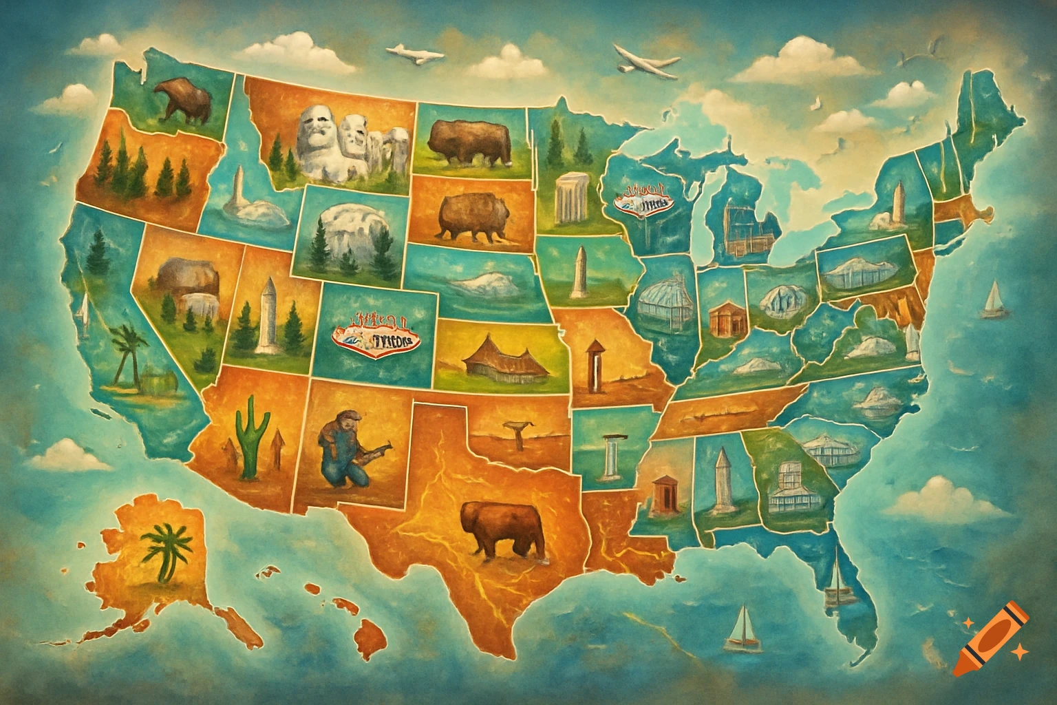 A vintage-style painted map of the United States, with each state featuring an iconic landmark, animal, or symbol.