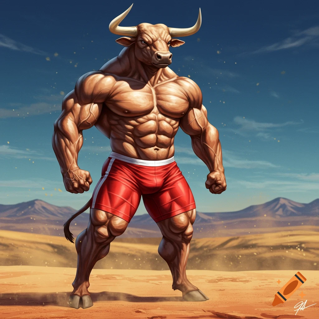 An illustrative drawing of a muscular anthropomorphic bull wearing red shorts standing in a desert with mountains under a blue sky.