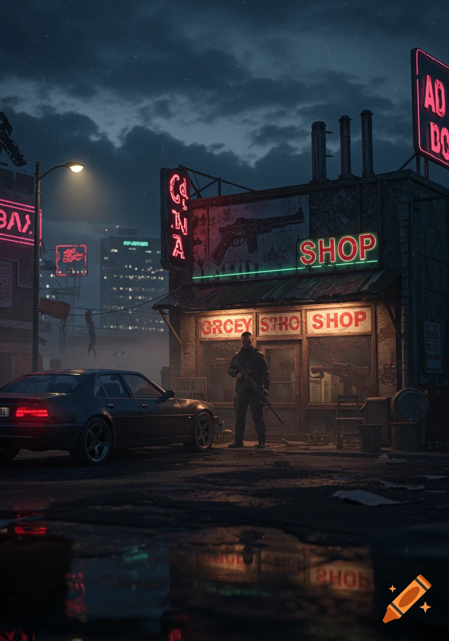 A man holding a rifle stands outside a neon-lit gun shop at night in a dystopian city, with a car parked nearby.
