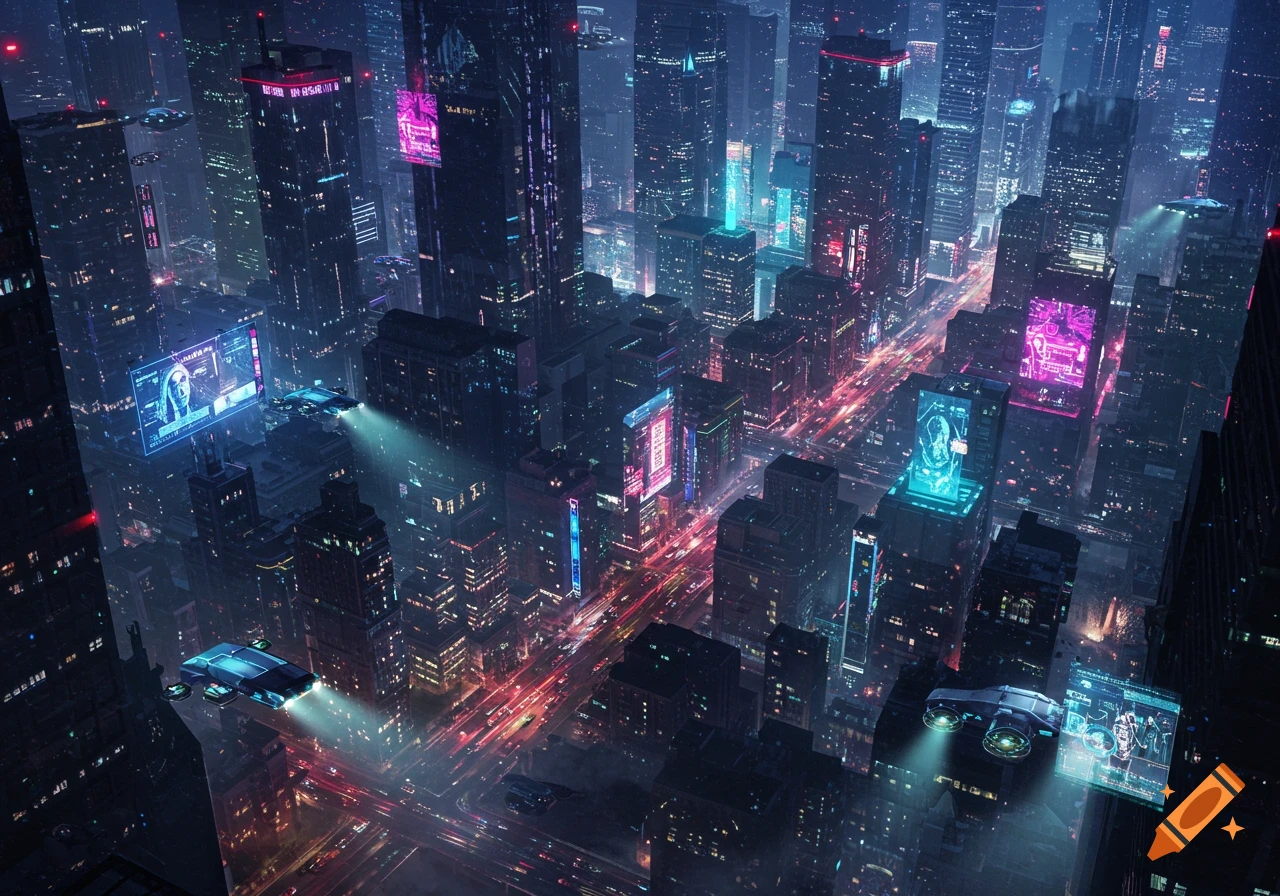 An aerial view of a neon-lit futuristic cityscape at night with towering skyscrapers and flying vehicles.