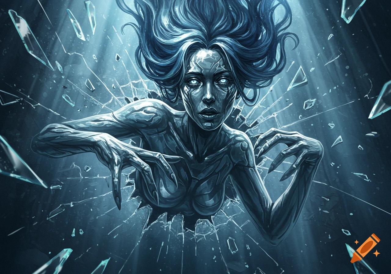 A chilling illustration of a female monster with glowing eyes, breaking through shattered glass, rendered in dark blue tones.