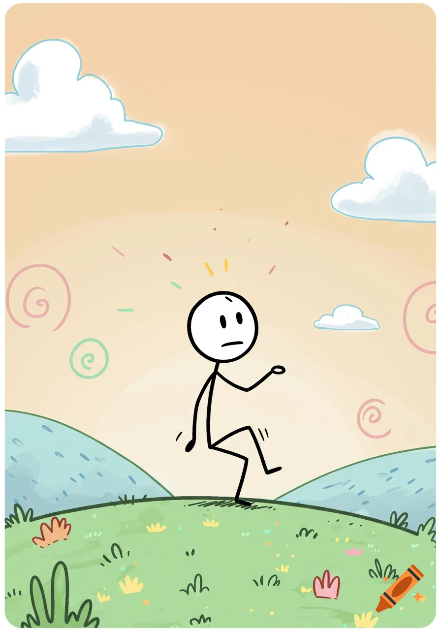 A cartoon stick figure with a distressed expression stands on a green hill under a pastel sky with clouds.