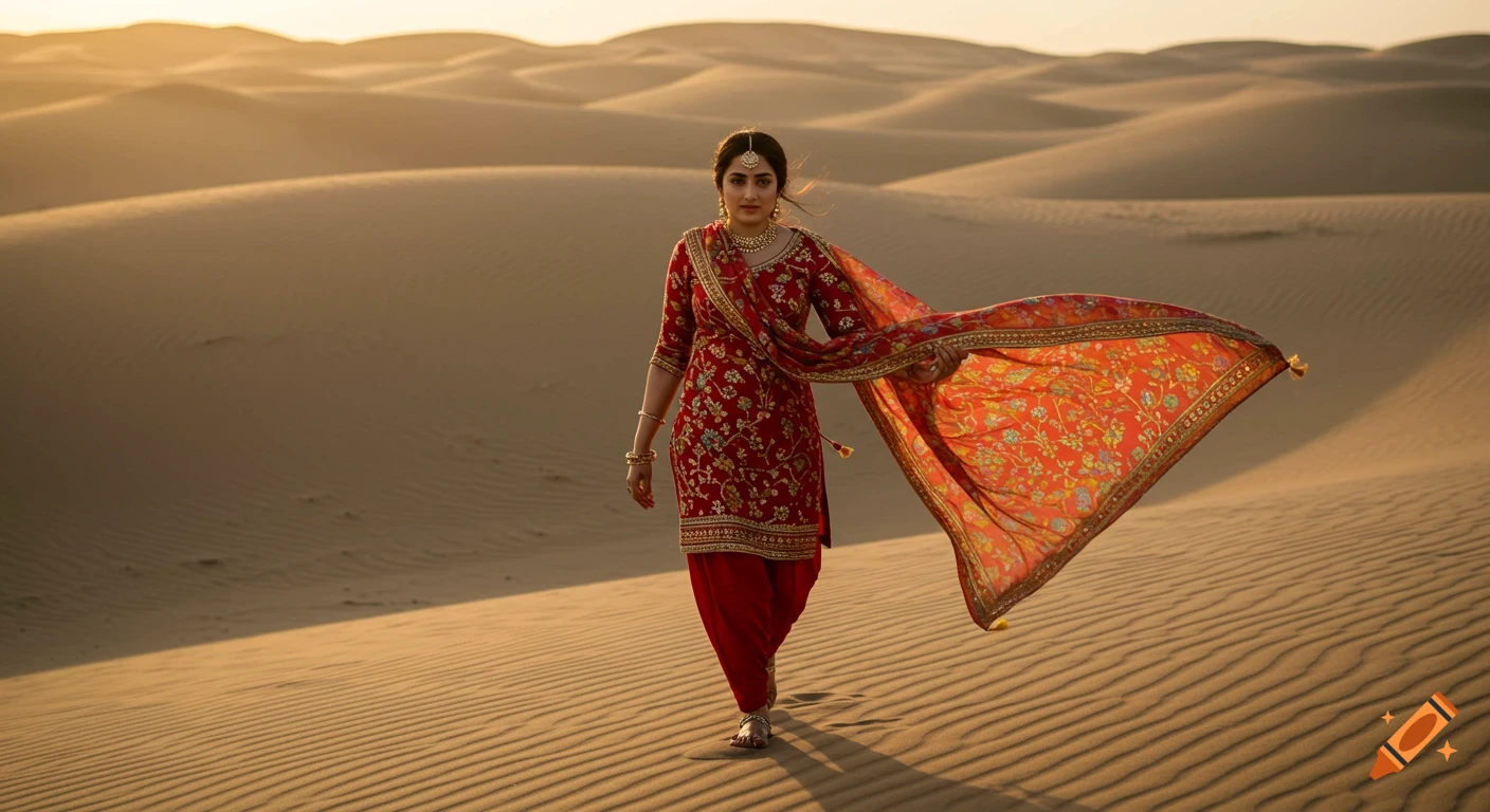 A young Indian Punjabi woman in a red embroidered traditional suit walks through desert dunes at sunset, her dupatta billowing.